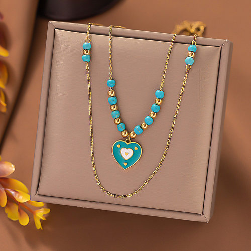 Streetwear-Halsketten mit Herzform und Auge aus Edelstahl mit Perlen und Emaille-Beschichtung