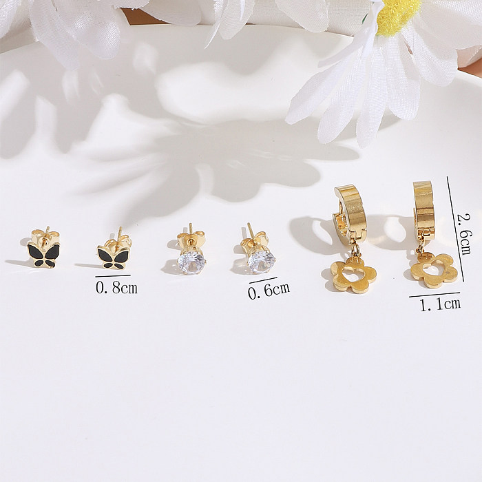 3 Pairs Cute Butterfly Plating Inlay Stainless Steel  Artificial Diamond Gold Plated Drop Earrings