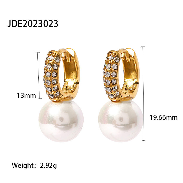 Boucles d'oreilles circulaires en acier inoxydable, Style Simple, incrustation de perles et de Zircon, 1 paire