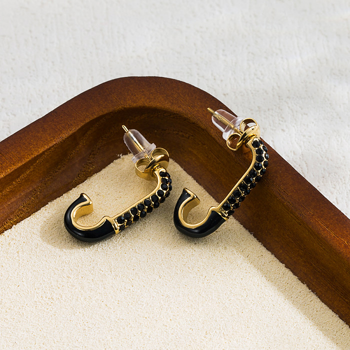 1 Paar elegante Pendler-Ohrstecker in C-Form mit Emaille-Beschichtung und Inlay aus Edelstahl mit Zirkon und 14-Karat-Vergoldung