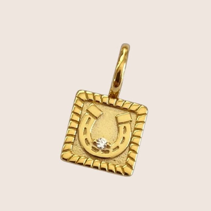Vintage Style Square Horseshoe Stainless Steel  Plating Inlay Zircon 18K Gold Plated Pendant Necklace