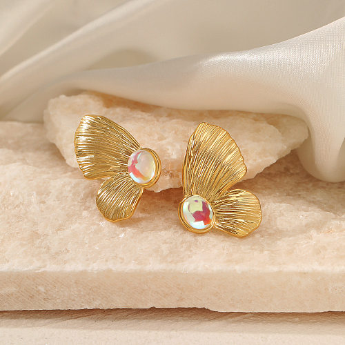 Pendientes retro de mariposa con incrustaciones de acero inoxidable y piedras preciosas artificiales, 1 par
