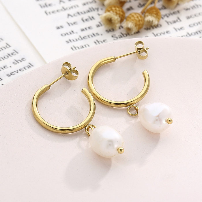 1 par de pendientes colgantes de diamantes de imitación de acero inoxidable con incrustaciones de perlas geométricas de estilo moderno