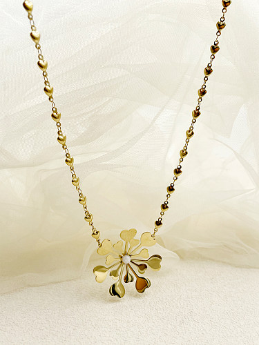 Collier pendentif plaqué or, Style Vintage, en forme de cœur, fleur, en acier inoxydable, polissage, plaqué or