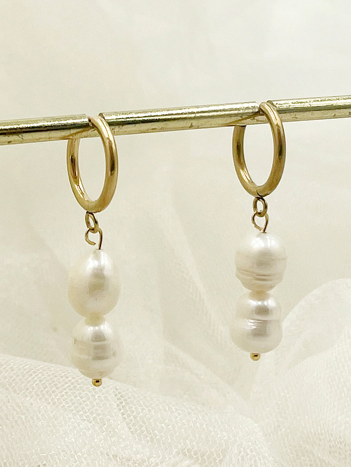 1 Pair Classical Sweet Pearl Polishing Plating Stainless Steel  Gold Plated Drop Earrings