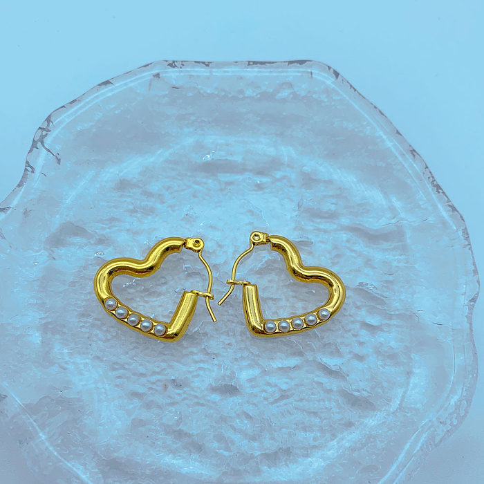 Boucles d'oreilles rétro en forme de cœur, 1 paire, incrustation de placage en acier inoxydable, perles artificielles