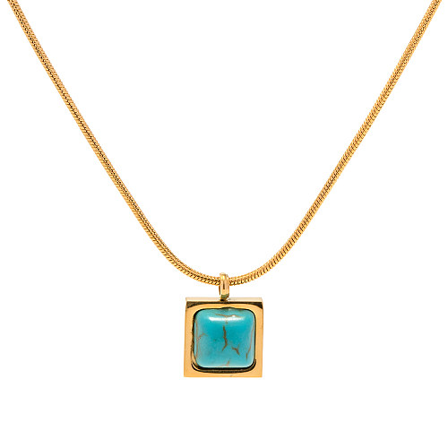 Elegant Square Stainless Steel  Inlay Turquoise 18K Gold Plated Pendant Necklace