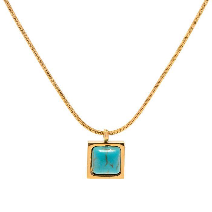 Elegant Square Stainless Steel  Inlay Turquoise 18K Gold Plated Pendant Necklace