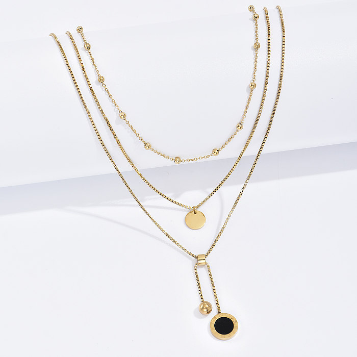 Stainless Steel Plated 14K Gold Fashion Personality Round Roman Numerals Black Shell Three Layer Necklace