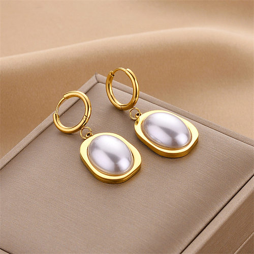 Retro Geometric Stainless Steel Inlay Artificial Pearls Drop Earrings 1 Pair