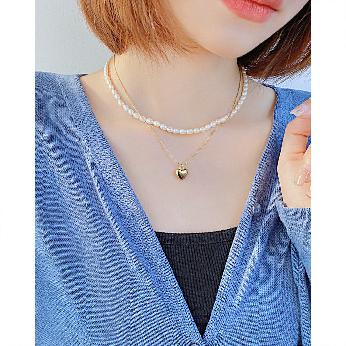 French Natural Freshwater Pearl Stainless Steel  Heart Multi-layer Necklace