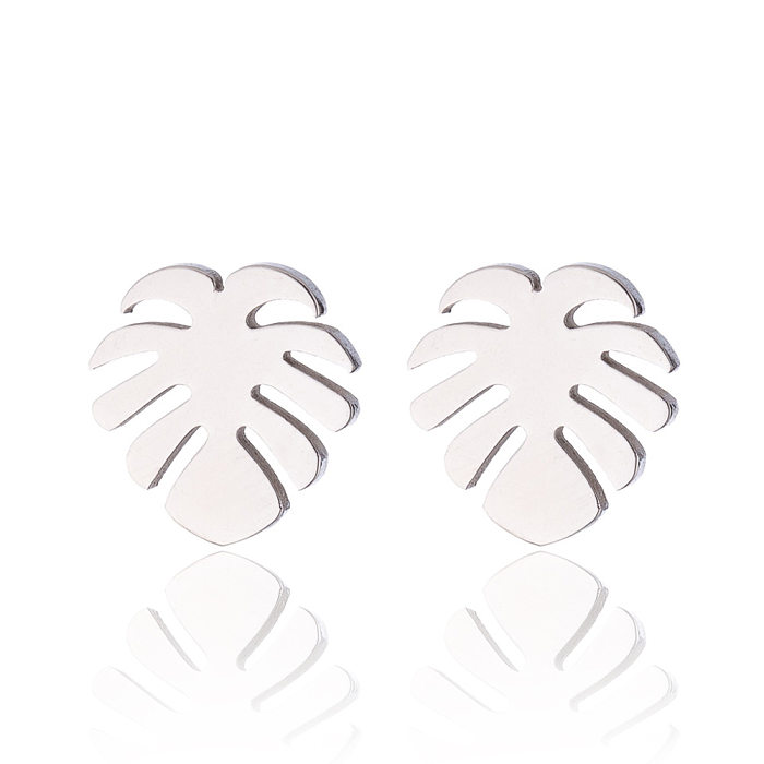 1 paire de boucles d'oreilles plaquées en acier inoxydable, Style Simple, feuille
