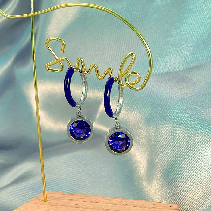 1 paire de boucles d'oreilles élégantes et luxueuses, Style Simple, incrustation ronde en acier inoxydable, Zircon plaqué or 14 carats
