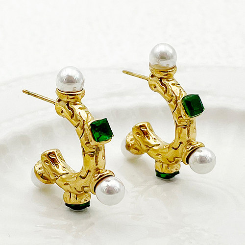 1 Paar elegante süße C-förmige Plating-Inlay-Ohrringe aus Edelstahl mit Zirkon und vergoldet