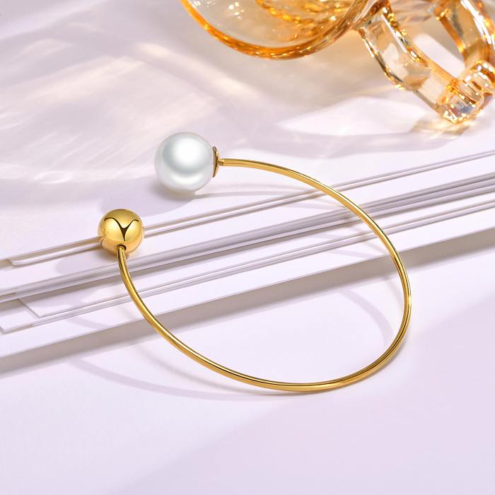 Simple Style Round Stainless Steel Inlay Pearl Bangle