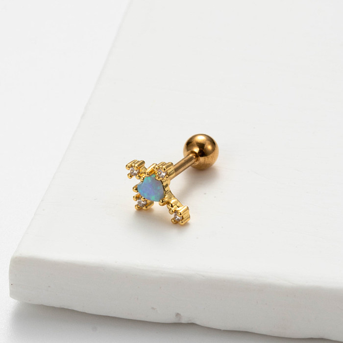 1 Piece Simple Style Korean Style Cross Heart Shape Plating Inlay Stainless Steel  Opal 18K Gold Plated Ear Studs