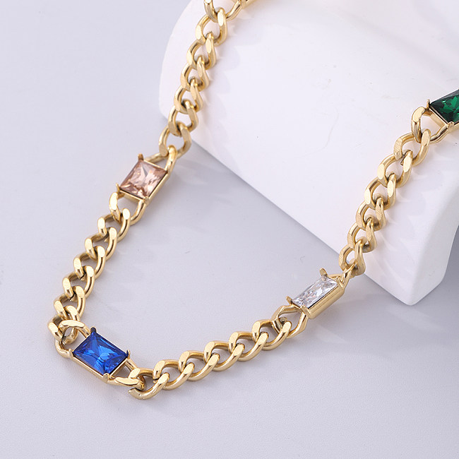 Streetwear Rectangle Stainless Steel  Plating Inlay Zircon 18K Gold Plated Necklace