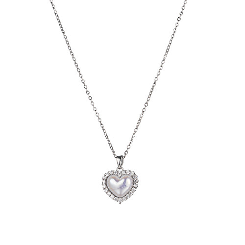 Korean Style Heart Shape Stainless Steel Plating Inlay Zircon Silver Plated Pendant Necklace