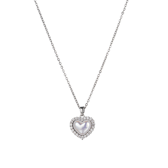 Korean Style Heart Shape Stainless Steel Plating Inlay Zircon Silver Plated Pendant Necklace