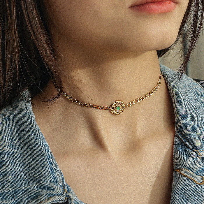Retro-Halsband mit runder Edelstahlbeschichtung und künstlichen Edelsteinen, 18 Karat vergoldet