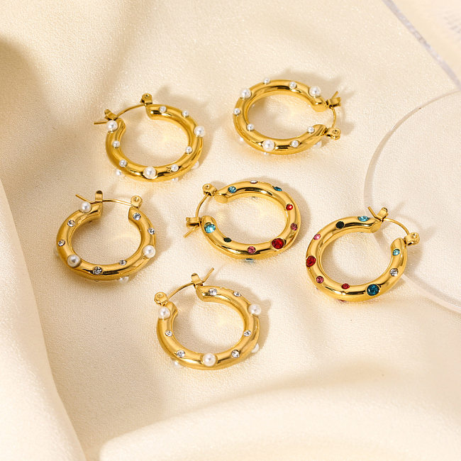 1 Pair Lady Round Dots Plating Inlay Stainless Steel  Artificial Pearls Zircon Hoop Earrings