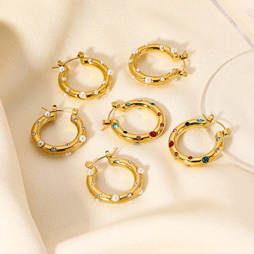 1 par de pendientes de aro de circonio con perlas artificiales de acero inoxidable con incrustaciones de puntos redondos para mujer