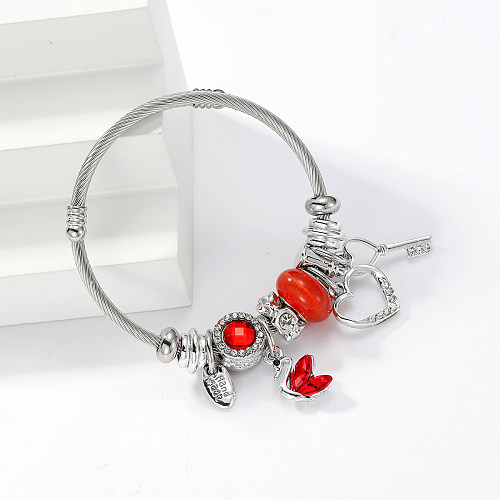 Wholesale Casual Swan Heart Shape Key Stainless Steel White Gold Plated Zircon Bangle