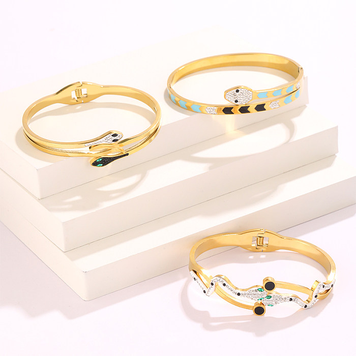 Fashion Snake Stainless Steel Inlay Artificial Gemstones Bangle