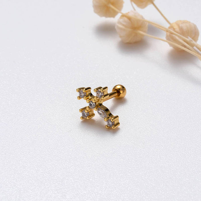 1 Piece Sweet Simple Style Cross Snake Spider Plating Inlay Stainless Steel  Zircon 18K Gold Plated Cartilage Earrings