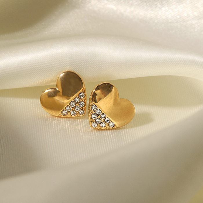 Brincos de orelha de diamante artificial banhados a ouro em formato de coração doce 1 par