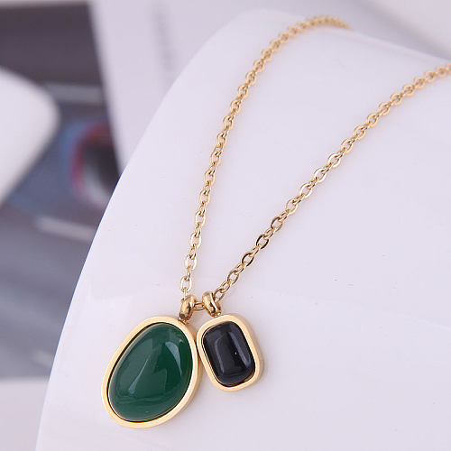Simple Green Gemstone Pendant Stainless Steel Necklace Wholesale