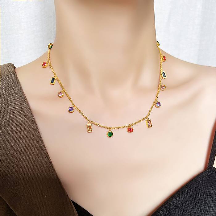 Elegante, runde, quadratische Halskette aus Edelstahl mit Zirkoneinlage und 18-Karat-Vergoldung