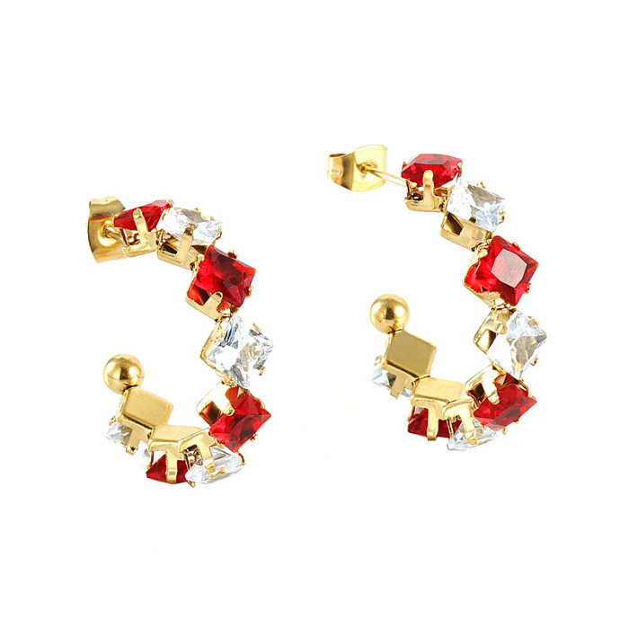 Modische geometrische Edelstahl-Ohrringe mit vergoldetem Zirkon, 1 Paar