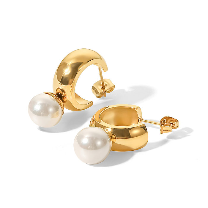 Pendientes de acero inoxidable con forma de C de moda Pendientes de acero inoxidable con perlas chapadas en oro