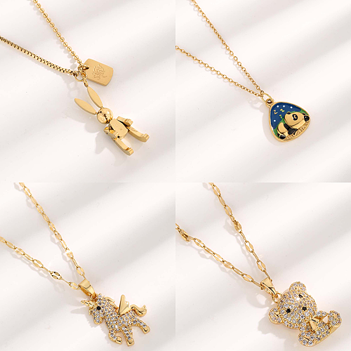 Cute Artistic Rabbit Panda Horse Stainless Steel Plating Inlay Resin Zircon Gold Plated Pendant Necklace