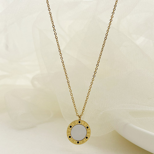 Classical Retro Roman Style Round Stainless Steel  Plating Inlay Shell Gold Plated Pendant Necklace
