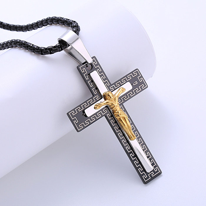 1 Piece Retro Cross Stainless Steel  Polishing Zircon Pendant Necklace