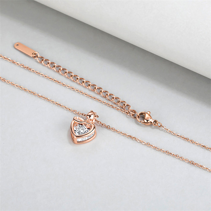Collier pendentif en acier inoxydable en forme de cœur, Style Simple, polissage, incrustation de diamant, plaqué or Rose