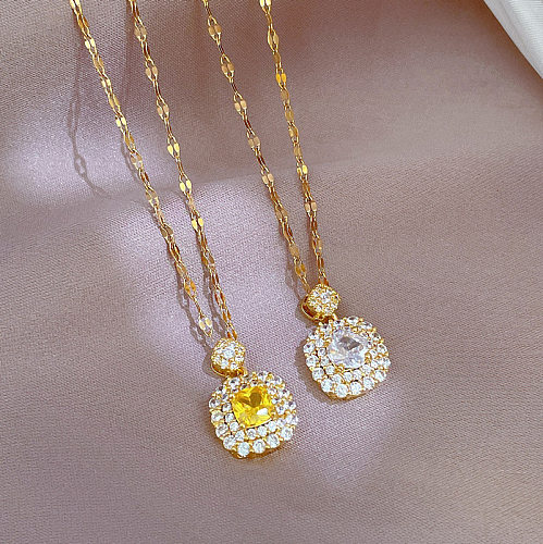 Fashion Square Stainless Steel Copper Chain Inlay Artificial Diamond Pendant Necklace