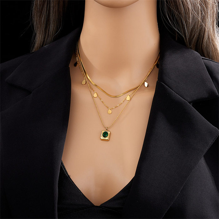Vintage Style Rectangle Stainless Steel Plating Inlay Glass Stone 18K Gold Plated Layered Necklaces