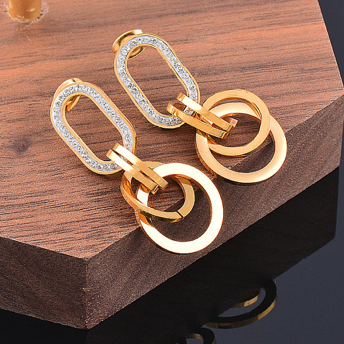 Modische geometrische Edelstahl-Ohrringe mit vergoldeten Strasssteinen, 1 Paar