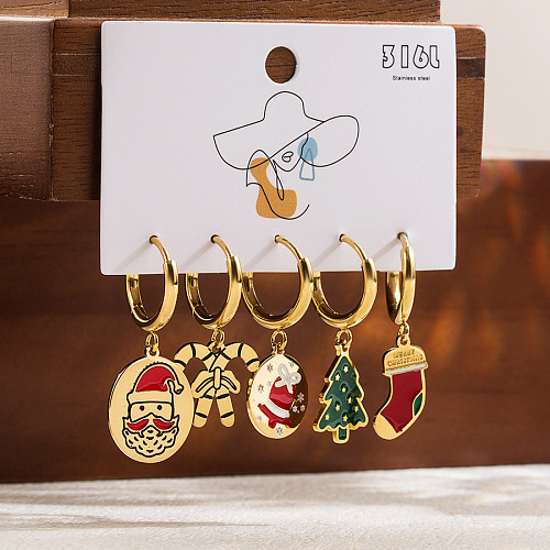 1 Juego de bonitos pendientes de gota chapados en oro de 14K de acero inoxidable con revestimiento esmaltado y árbol de Navidad de estilo clásico, Papá Noel y muñeco de nieve