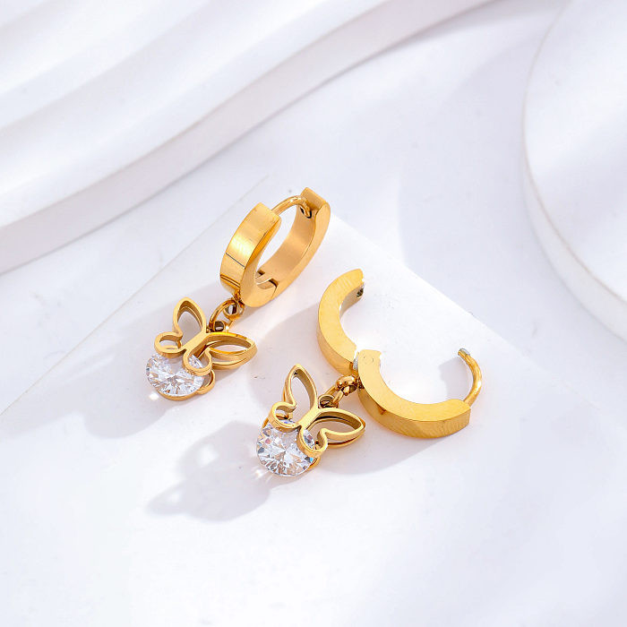 1 par feminino estilo clássico borboleta redonda chapeamento de aço inoxidável incrustação de zircão brincos banhados a ouro 24K