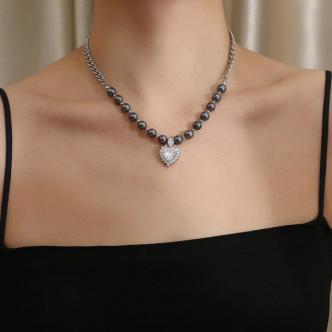 Simple Style Shiny Heart Shape Natural Stone Stainless Steel Beaded Pearl Inlay Zircon Pendant Necklace