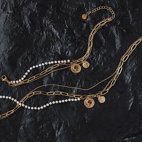 Moda cubana moeda romana pingente pérola três camadas colar de aço inoxidável pulseira