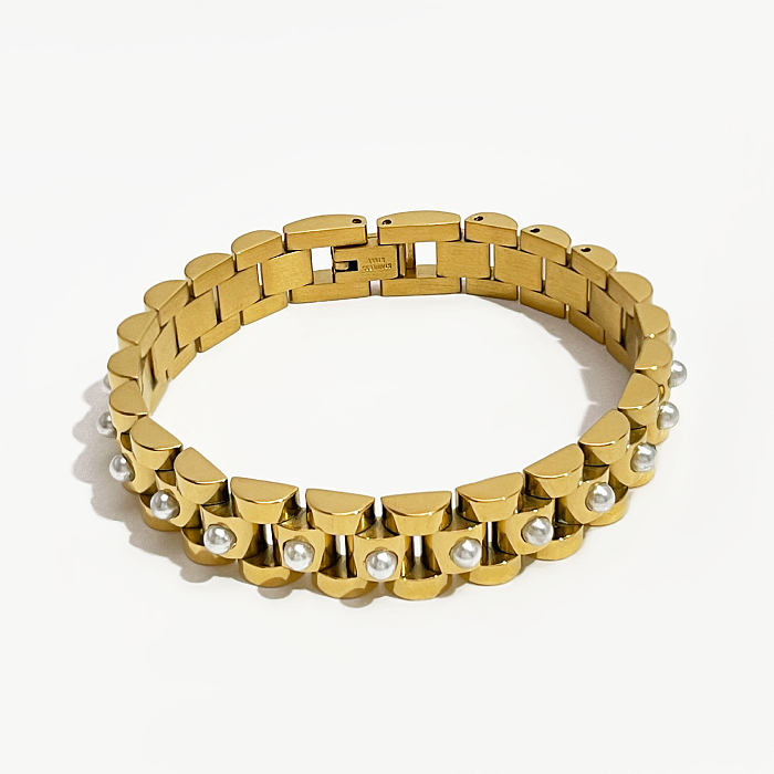 Großhandel Hip-Hop-Armbänder im einfachen Retro-Stil mit geometrischem Edelstahlüberzug und Inlay aus 18 Karat vergoldeten künstlichen Perlen