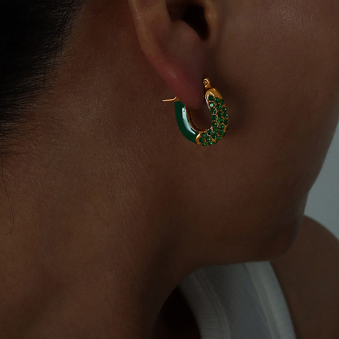 1 paire de boucles d'oreilles en acier inoxydable avec incrustation de couleur unie, Style Simple, strass