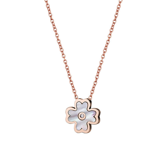 Casual Simple Style Classic Style Four Leaf Clover Stainless Steel  Stainless Steel Polishing Plating Rose Gold Plated Pendant Necklace