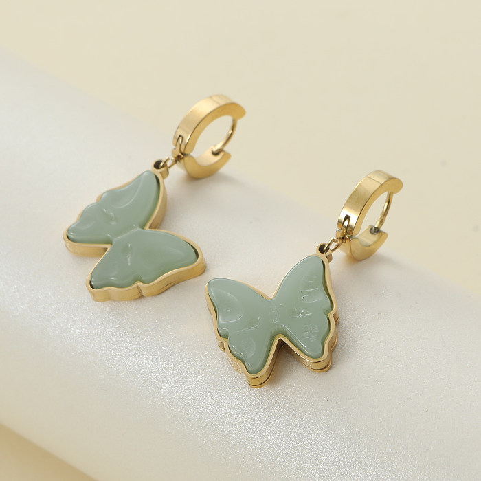 1 Pair Elegant Vintage Style Butterfly Inlay Stainless Steel  Green Aventurine Drop Earrings