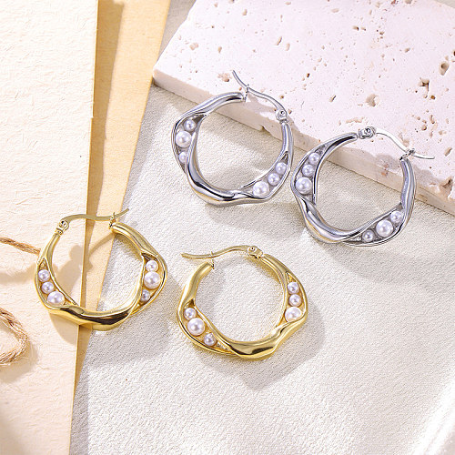 1 Paar elegante, klassische, romantische, kreisplattierte Inlay-Ohrringe aus Edelstahl mit Perle und 18-Karat-Vergoldung